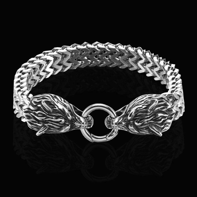 Cross-Border Amazon Nordic Dominant Wolf Head Viking Chain Stainless Steel Men's Bracelet Titanium Steel Hip-Hop Cross-Border Hot Sale