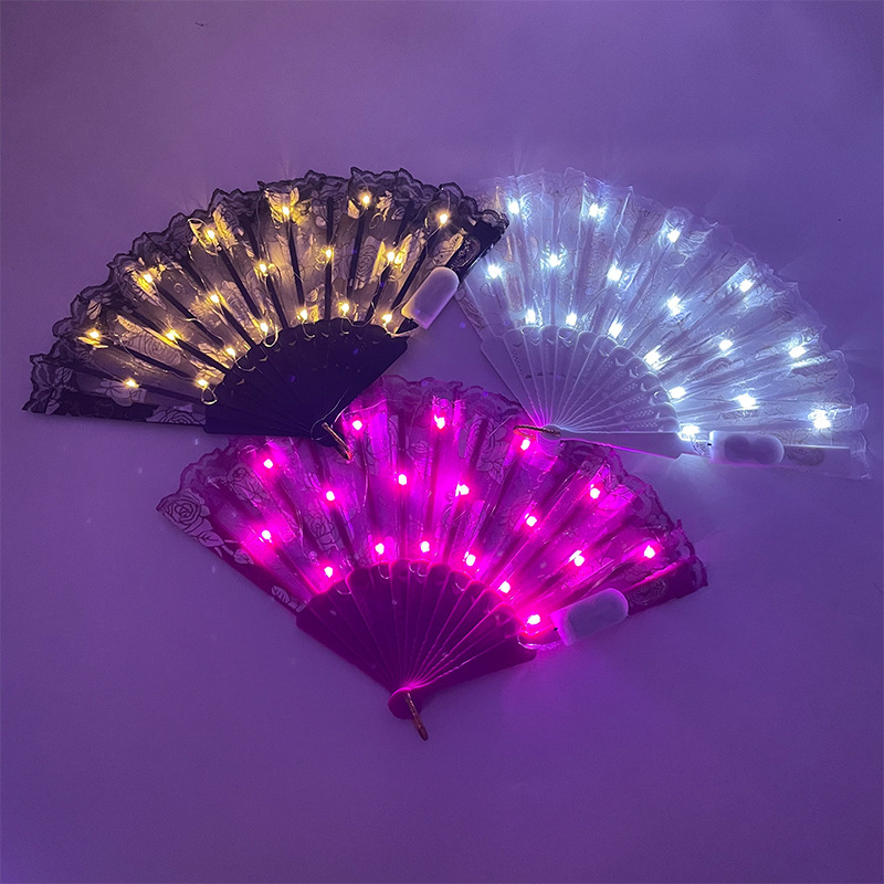 #593 7寸玫红色玫瑰蕾丝扇子折扇 合照