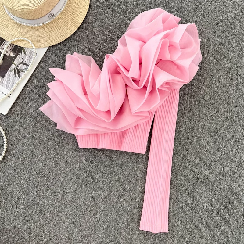 Ретро темперамент индивидуальность трехмерный цветочный диагональный воротник односторонняя футболка с длинными рукавами