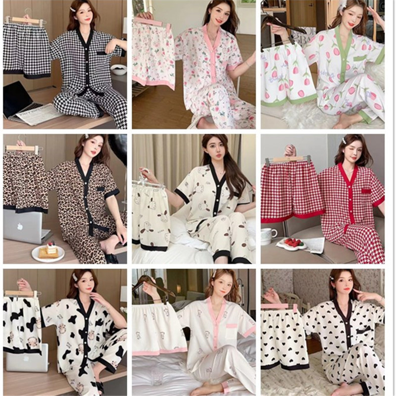 Three-Piece Summer Pajamas Women's Short-Sleeved Trousers Net Red Wind High-Grade Light Luxury Loose Can Be Worn Outside Homewear