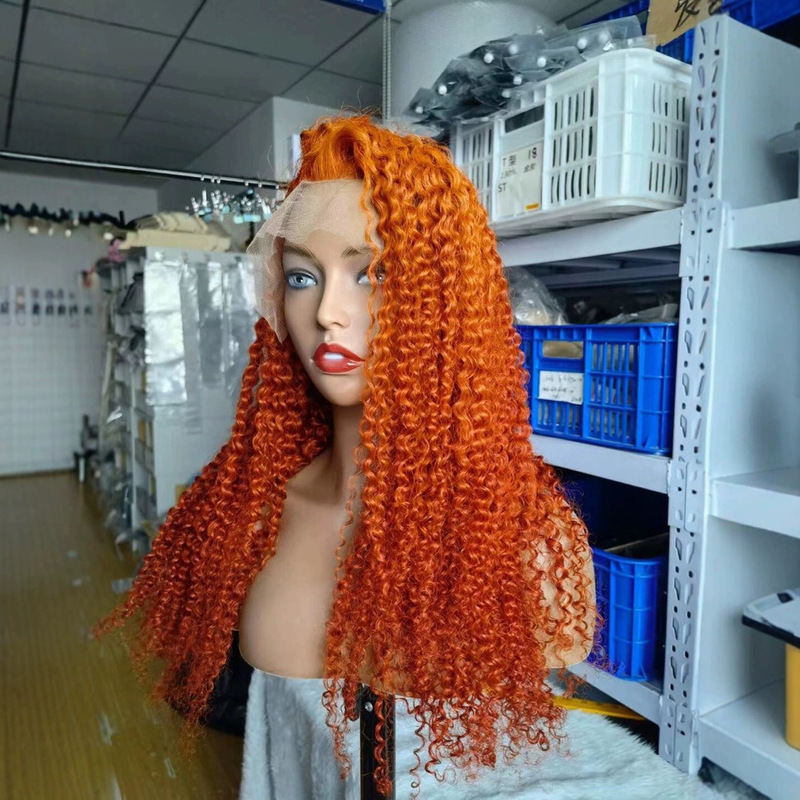Cross-Border Lace Front Wig, Middle Parted Orange Long Curly Wig, Fashionable Afro Synthetic Fiber Wig
