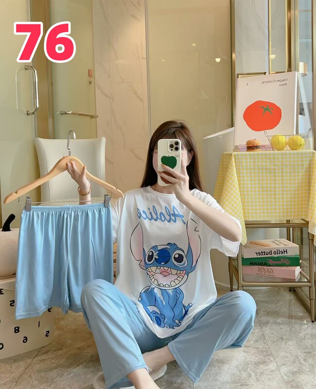 睡衣女夏季新款卡通三件套可爱简约休闲圆领家居服套装可外穿|undefined