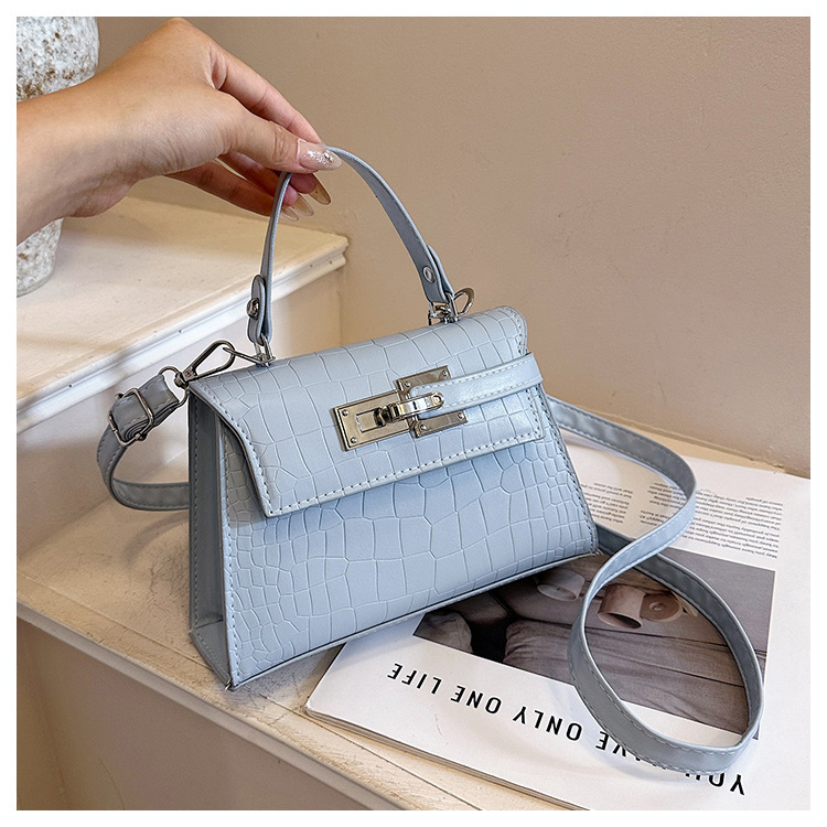 2026 New Light Blue Crocodile Pattern Mini Kelly Bag for Women, Light Luxury Handbag, Small Square Bag with Wide Shoulder Strap, Single Shoulder Crossbody Bag