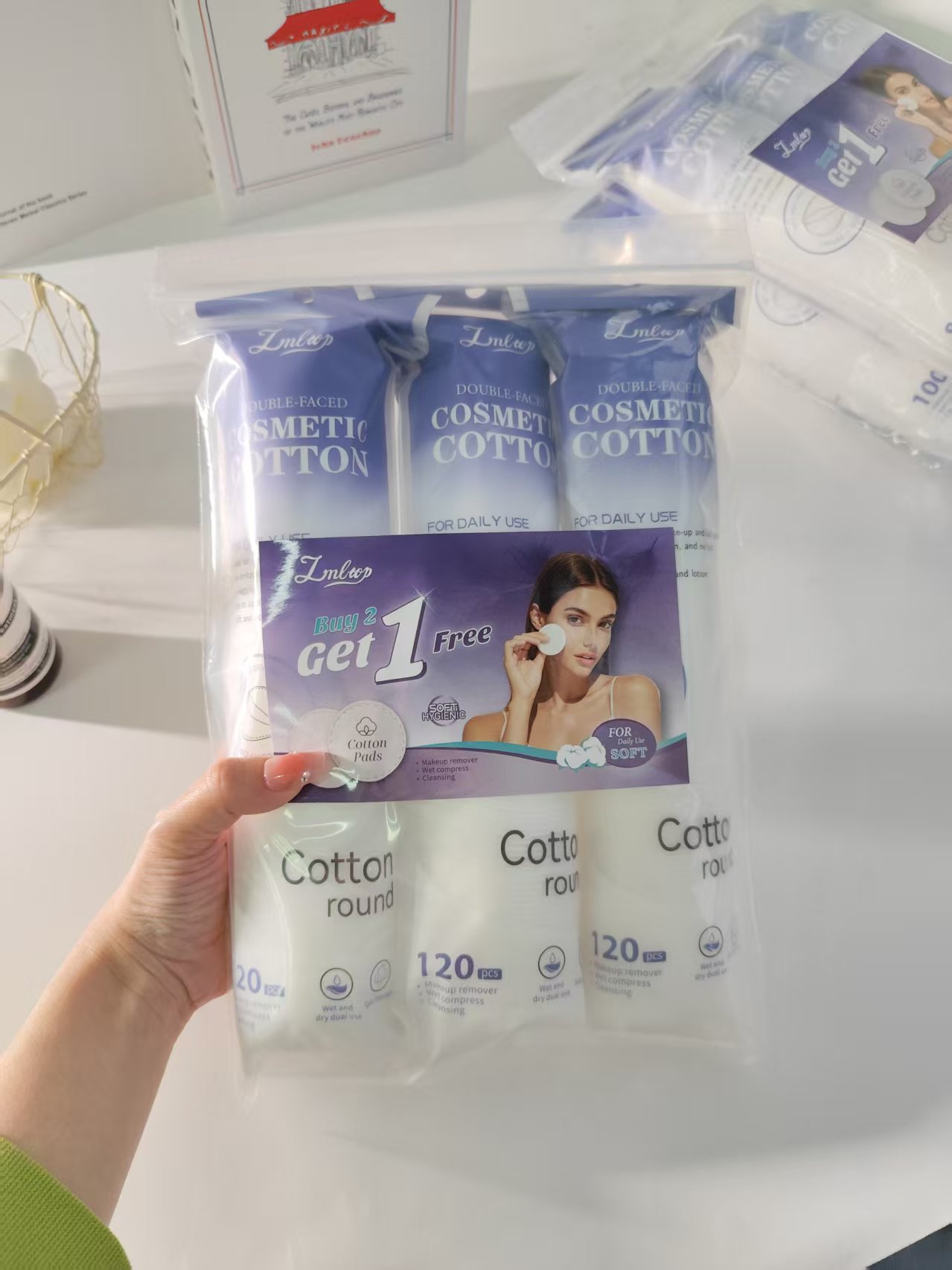 LMLTOP redondo algodón cosmético 150 piezas de doble cara bordes de prensa sándwich húmedo algodón cosmético redondo algodón cosmético suministrado exclusivamente a través de la frontera