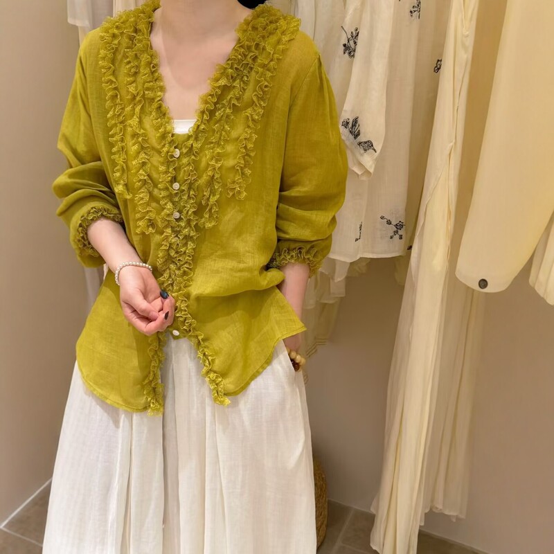 2026 Spring/Summer New Ramie V-Neck Ruffled Long Sleeve Shirt for Women, Loose Vintage Artistic Lace Cardigan Top