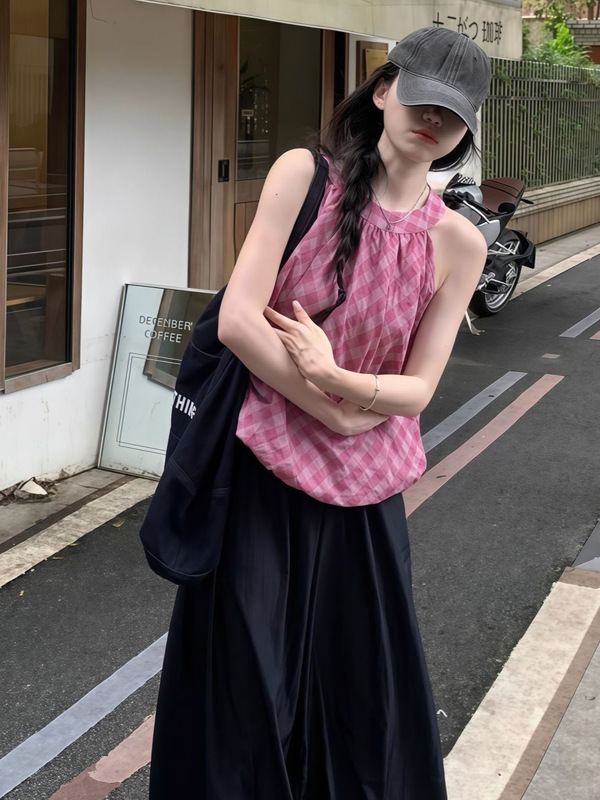 复古百搭撞色格子无袖背心女夏季2025新款甜美减龄宽松花苞上衣潮|undefined