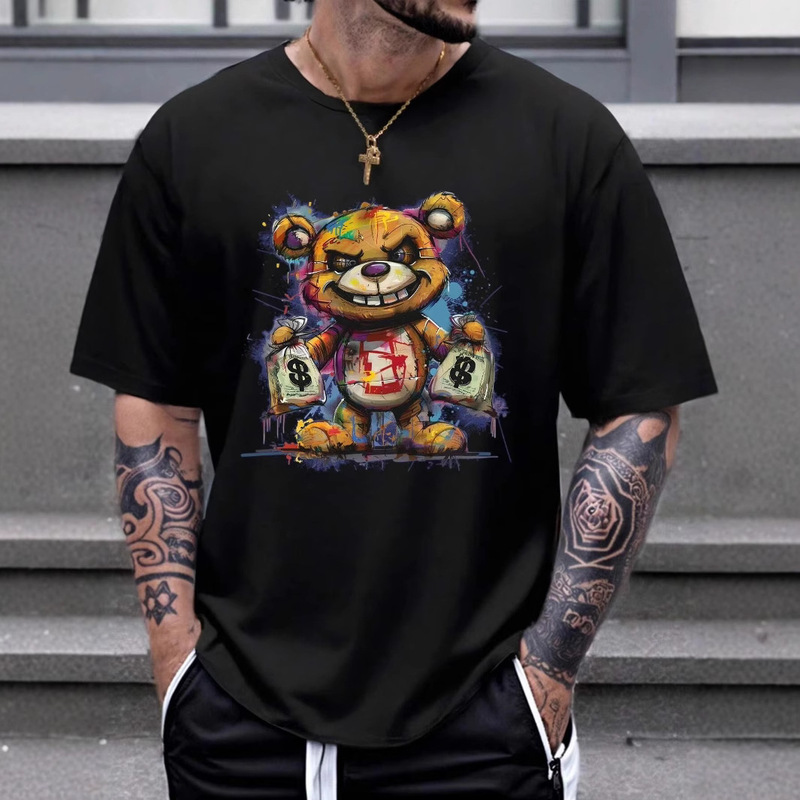 Fashionable Brand Pure Cotton Loose Size Cartoon Bear Pattern Printed Slim Casual Sports Round Neck Short-Sleeved T-Shirt Top