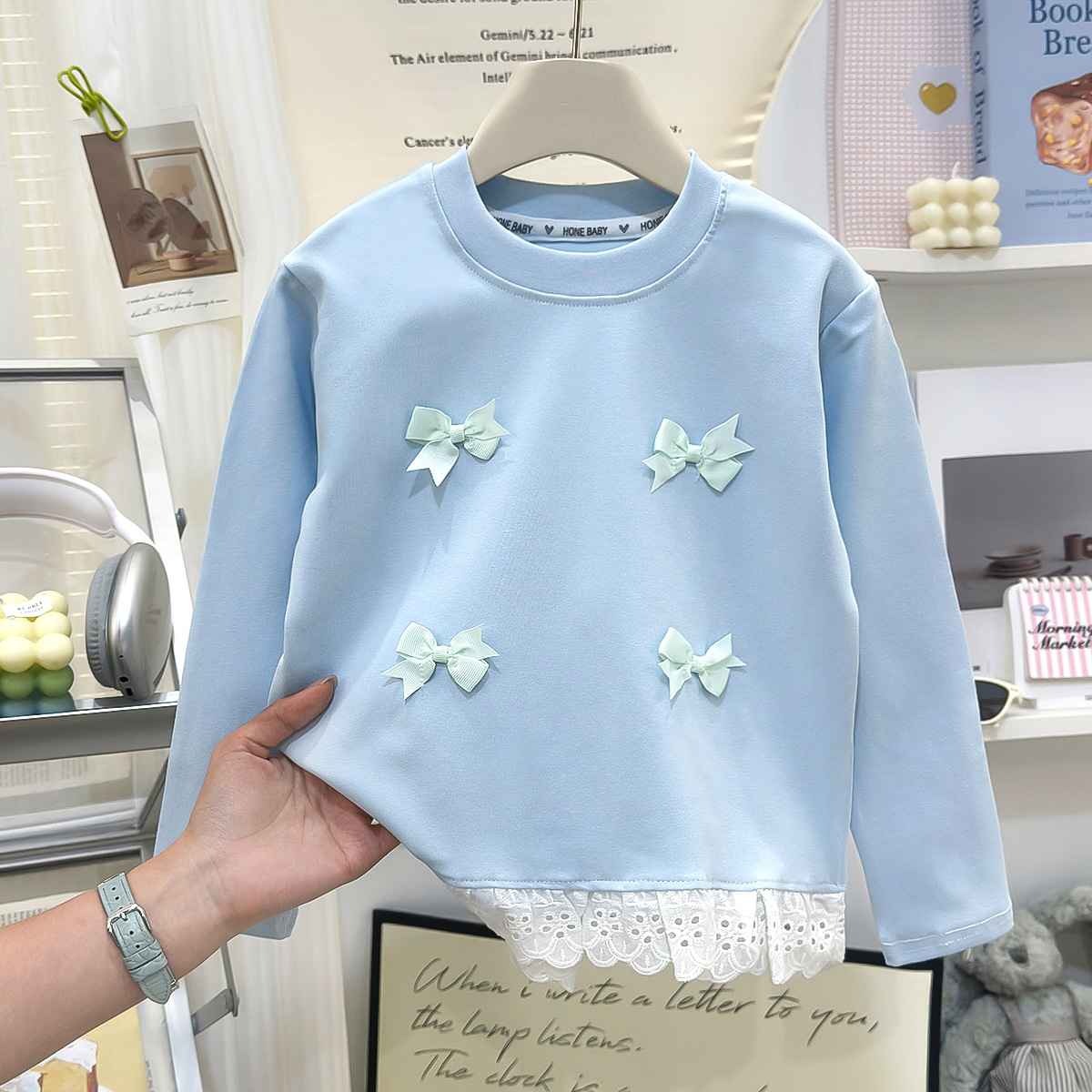 Nuevas chicas de primavera y otoño dopamina de manga larga moda lindo lazo de encaje dobladillo elegante blusa de cuello redondo