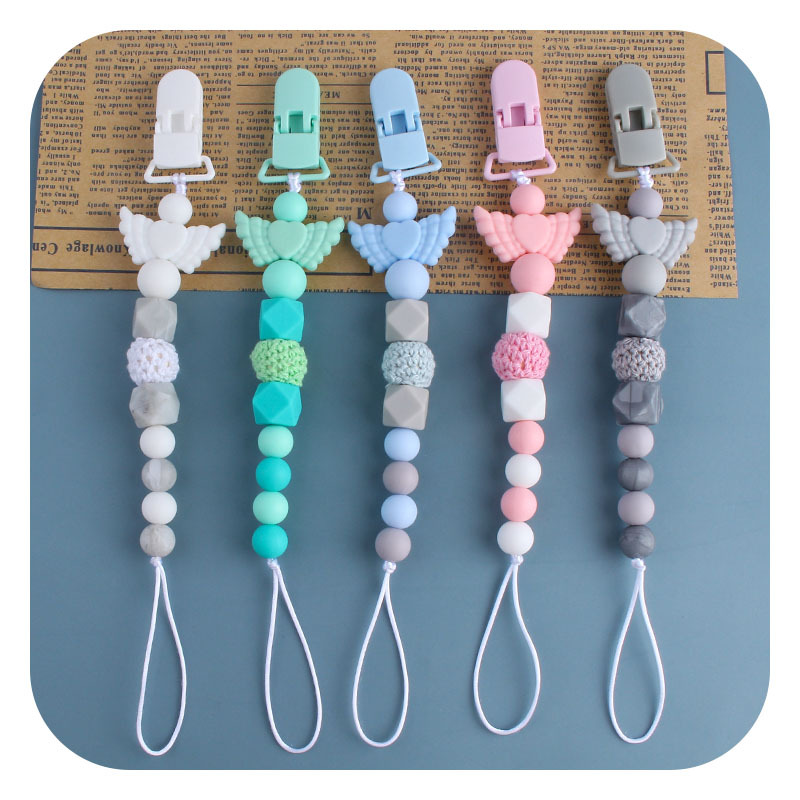 Bebé molar clip de pico de pato de juguete Ángel amor alas pluma cuentas de silicona mordedor chupete cadena anti-perdida