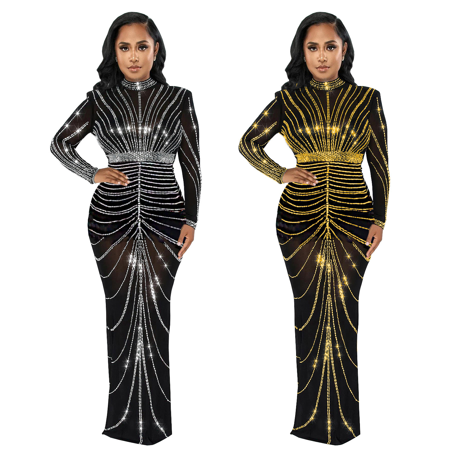 C7141 Aliexpress transfronterizo amazon ropa de moda europea y americana de mujeres sexy de mangas largas trasera vestido de perforación en caliente nuevo image 6