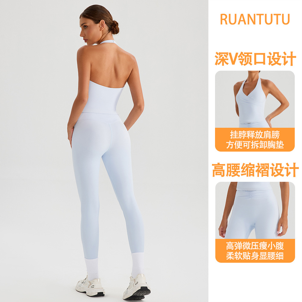 Cross-border cintura alta elevación de cadera acondicionamiento físico de hierro con cojín de pecho para mujeres sujetador deportivo ropa de yoga dos piezas