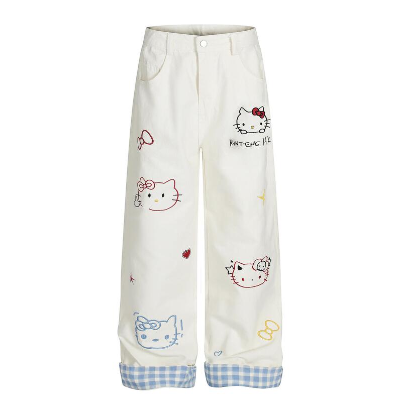 American-Style Cute Embroidered Kitty Cat Plaid Rolled-Up Jeans for Women and Men, Loose Bf Lazy Style Couple Ins Long Pants