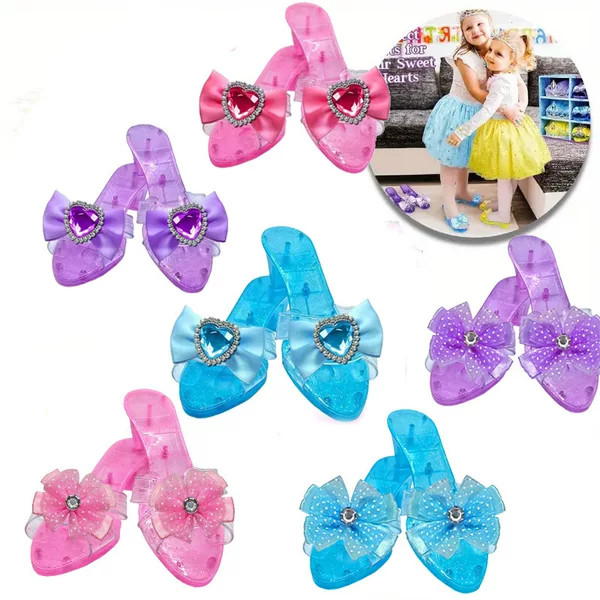 New Cross-Border Hot-Selling Girls' Pretend Play Non-Slip Crystal Shoes with Rhinestone Bow in Pink, Blue, and Purple for Children's Role-Playing