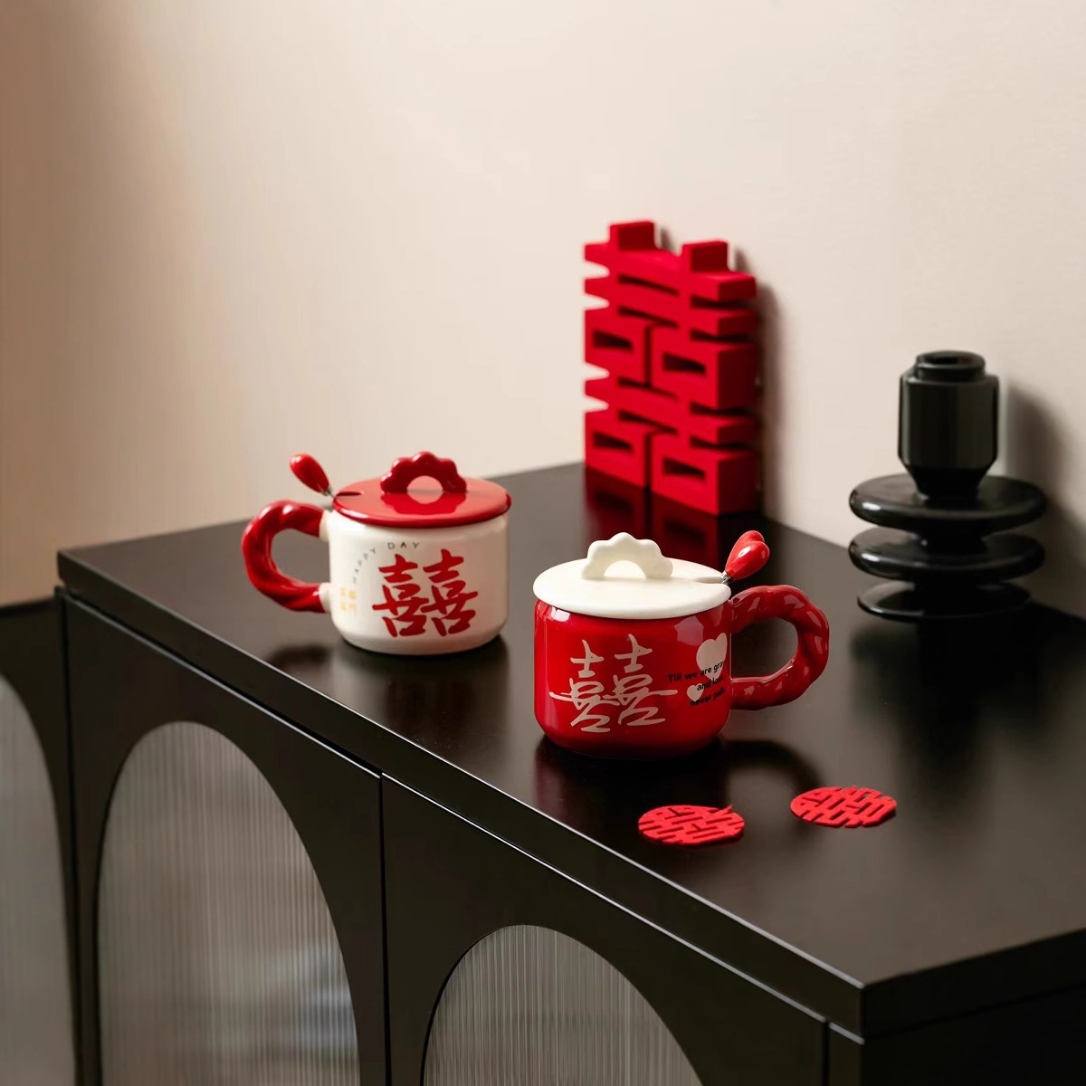 Regalos de boda chinos, tazas de cerámica, personajes rojos felices, tazas de cuchara con tapa, cajas de regalo, tazas de boda premium de alto valor