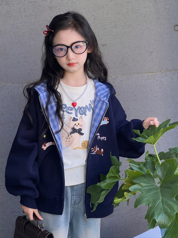 女童韩版卡通刺绣连帽外套2025新款中大童美式重工长袖卫衣开衫潮|undefined