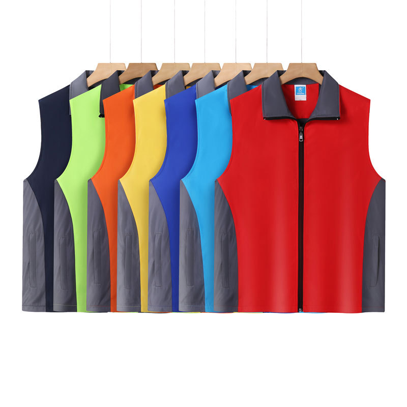Chaleco de doble capa con bloques de color y logotipo impreso personalizado, ropa de trabajo de alta calidad para el personal de ventas de cadenas de tiendas y empleados de supermercados.