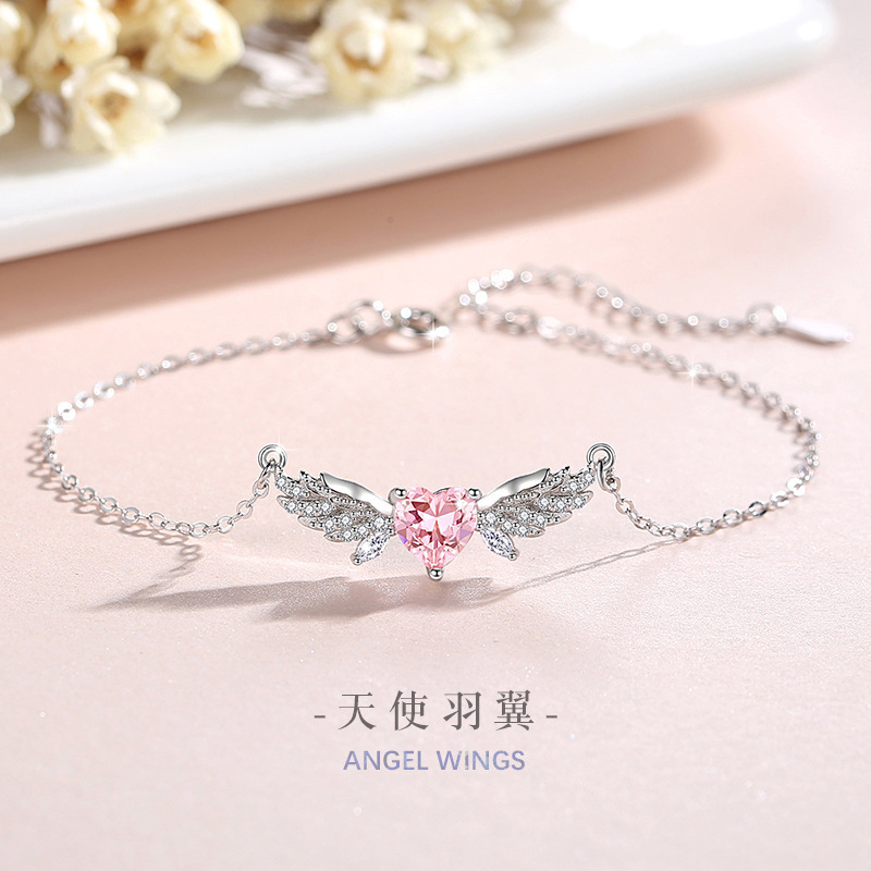 Angel wing Sterling Silver 925 bracelet female niche design light luxury zircon clavicle chain Valentine love hand