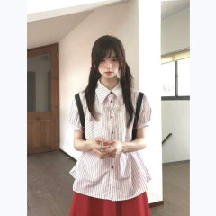 韓国カレッジスタイルストライプ半袖シャツ女性の夏の新スタイル 2025 リボンパフスリーブピンクルーズシャツ