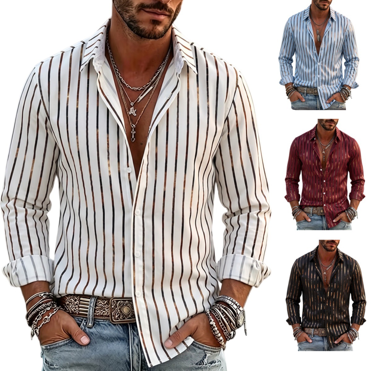 Kişi zolaqlı uzunqol köynək, slim fit açıq yaxalıq
