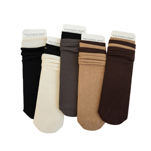 Cashmere Women's Autumn/Winter Mid-Calf Socks with Ins Splicing Ribbed Mouth Solid Color Bump Socks Vertical Stripe Warm Mid-Calf Manufacturer Batch