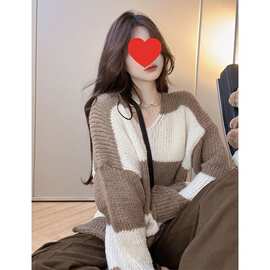 跨境纯欲风中长款V领条纹毛衣女ins宽松慵懒风韩系百搭外搭针织衫
