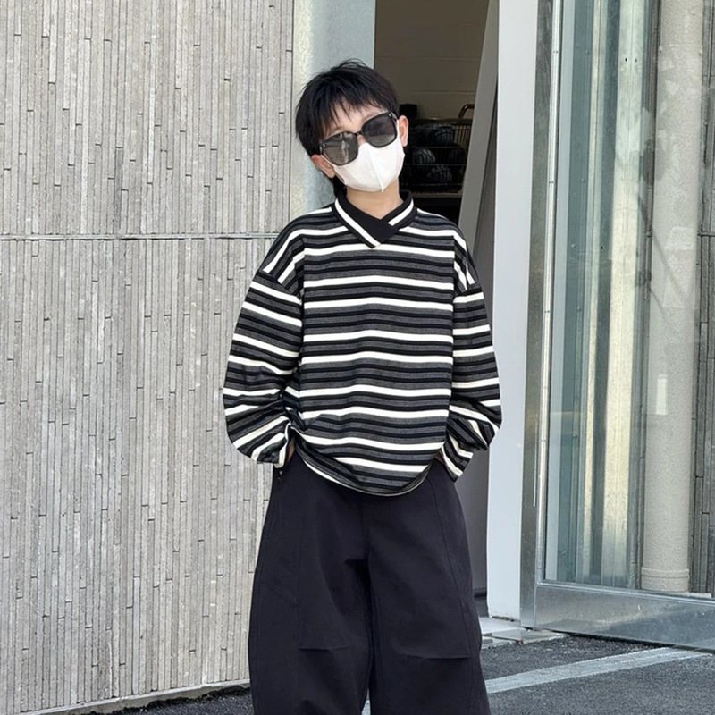 男童春秋美式潮牌百搭条纹长袖T恤2025年新款中小童酷炸洋气上衣|undefined