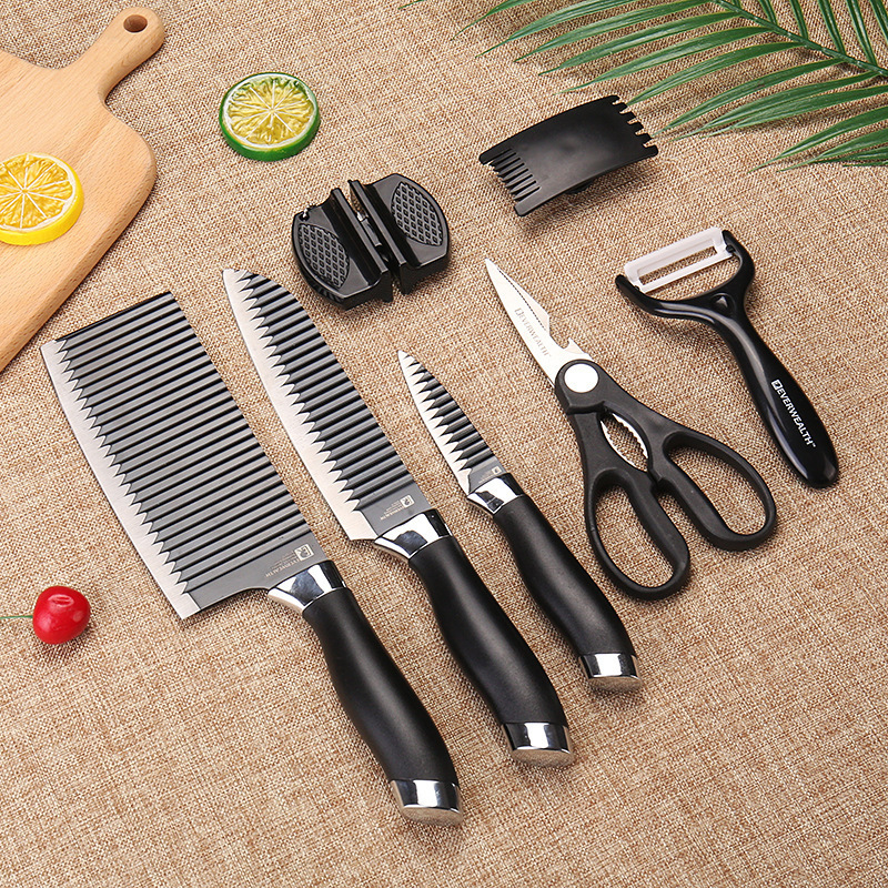 Patrón de onda de cocina doble cabeza de galvanoplastia cuchillo de cocina grande juego de siete piezas con afilador de cuchillos traje de cuchillo de acero inoxidable juego de cuchillos domésticos
