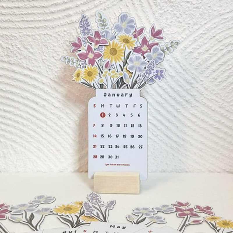Calendario de Escritorio con Flores de Papel Estucado Decorativo para el Hogar y Oficina