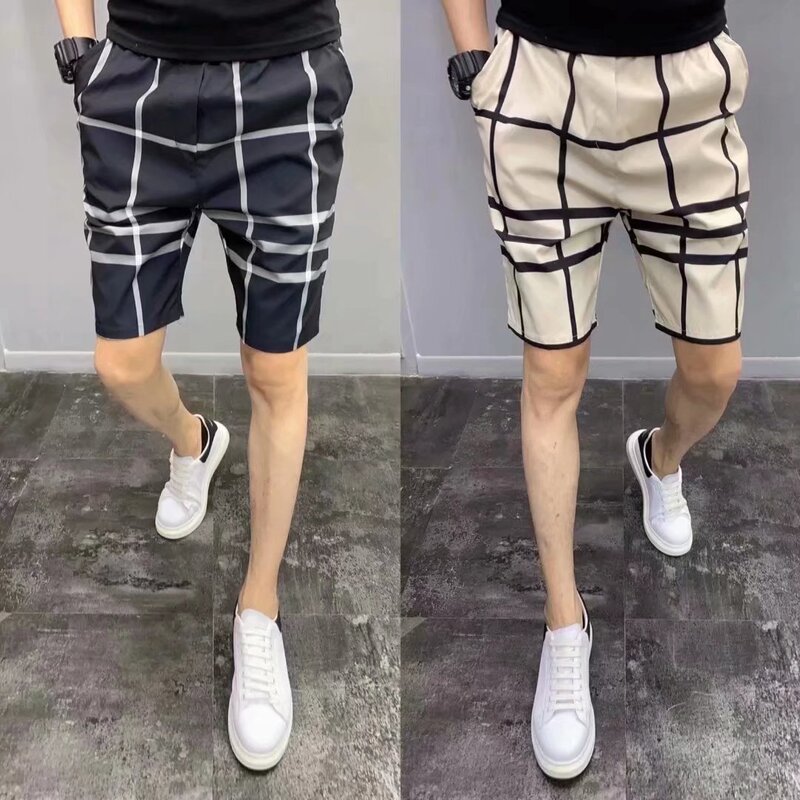 Hong Kong-style Summer Boys Quick-drying Slim-fit Cropped Pants Social Spirit Guy Printed Plaid Beach Pants All-match Shorts