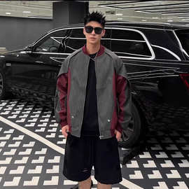 美式拼接撞色PU皮棒球服夹克男春秋街头潮牌宽松休闲情侣皮衣外套