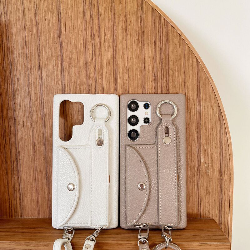 For Samsung S25Ultra Litchi Pattern Card Bag Wrist Strap Crossbody Phone Case S21/S22 Wallet Phone Case