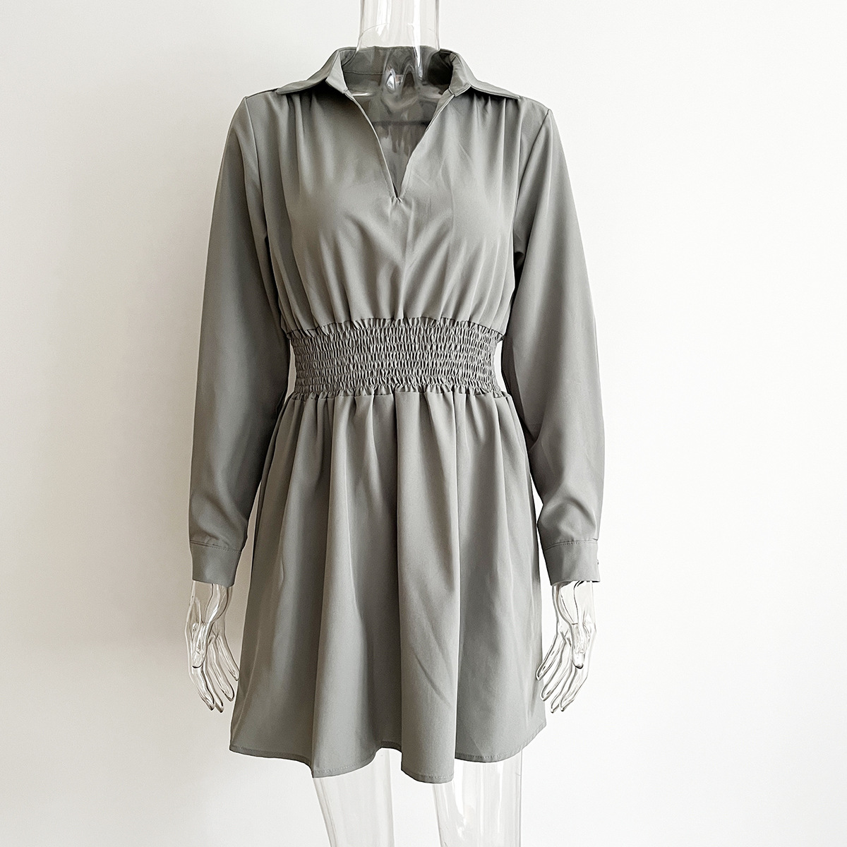 Blouse Collar Dress Women Smocking Waist Controlled Long Sleeves Spring Autumn Women Clothing