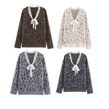 外贸2025秋季新款欧美风女装时尚休闲宽松百搭花边豹纹套头针织衫