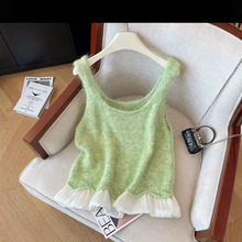 韩系春季穿搭荷叶边拼接亮片羊毛混纺马甲背心女减龄叠穿上衣