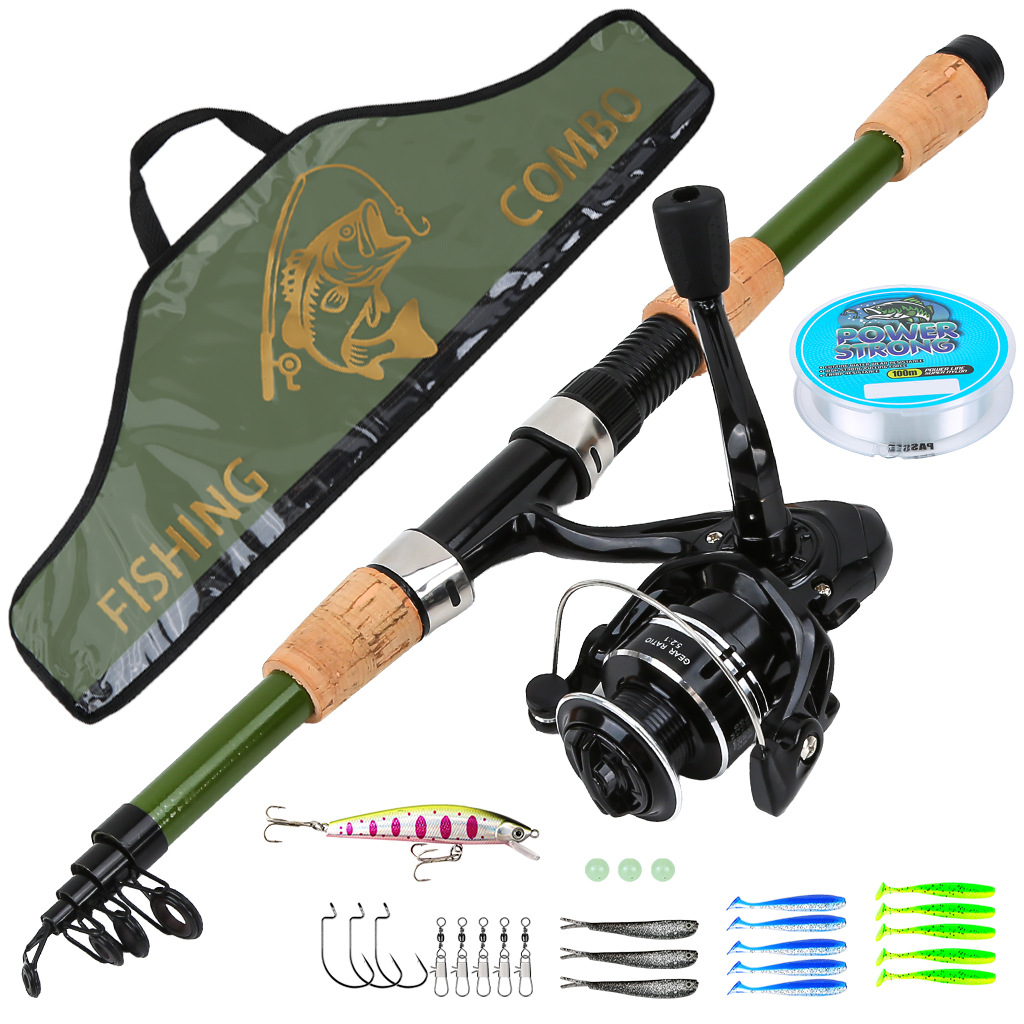 1.8M telescopic rod in army green color combination, lure rod fishing gear with metal fishing reel, fishing rod set, factory wholesale, in stock and available for order