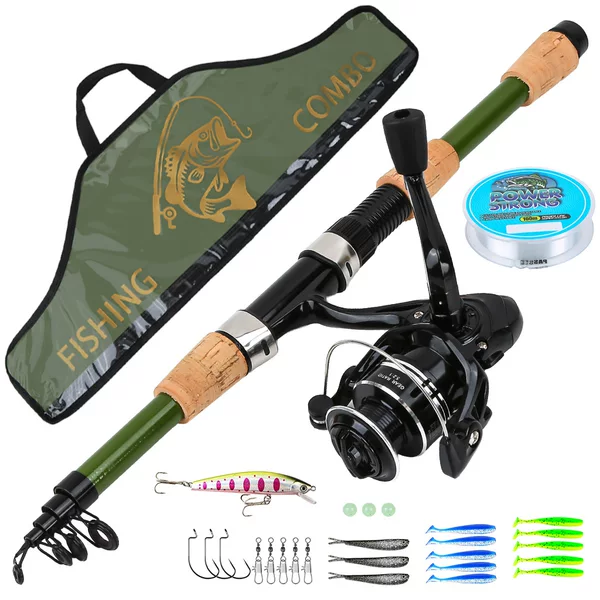 1.8M telescopic rod in army green color combination, lure rod fishing gear with metal fishing reel, fishing rod set, factory wholesale, in stock and available for order