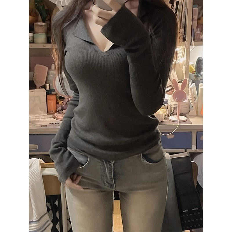 纯欲风辣妹POLO针织衫女早秋穿搭打底设计感小众修身显瘦别致上衣|undefined