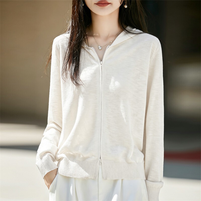 Summer New Style Women's Bamboo Linen V-Neck Double Zipper Hoodie Cardigan Versatile Casual Fashion Long-Sleeve Knit Sweater