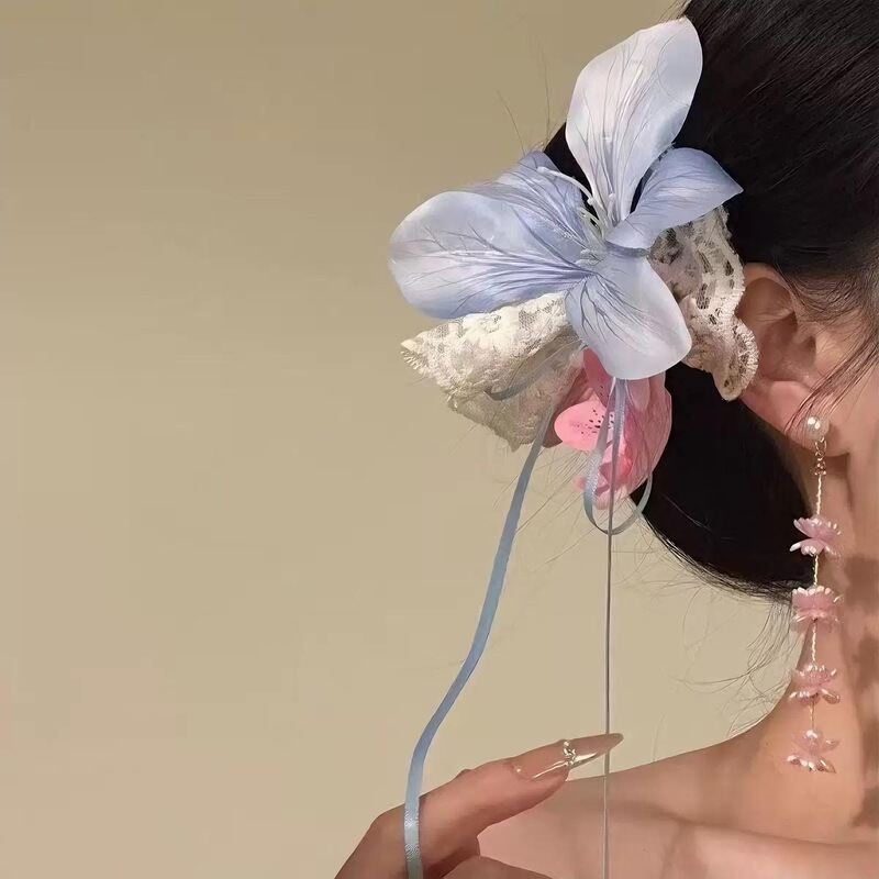 夏季氛围感仿真花朵发夹超仙侧边飘带头饰发饰海边拍照出片神器|undefined
