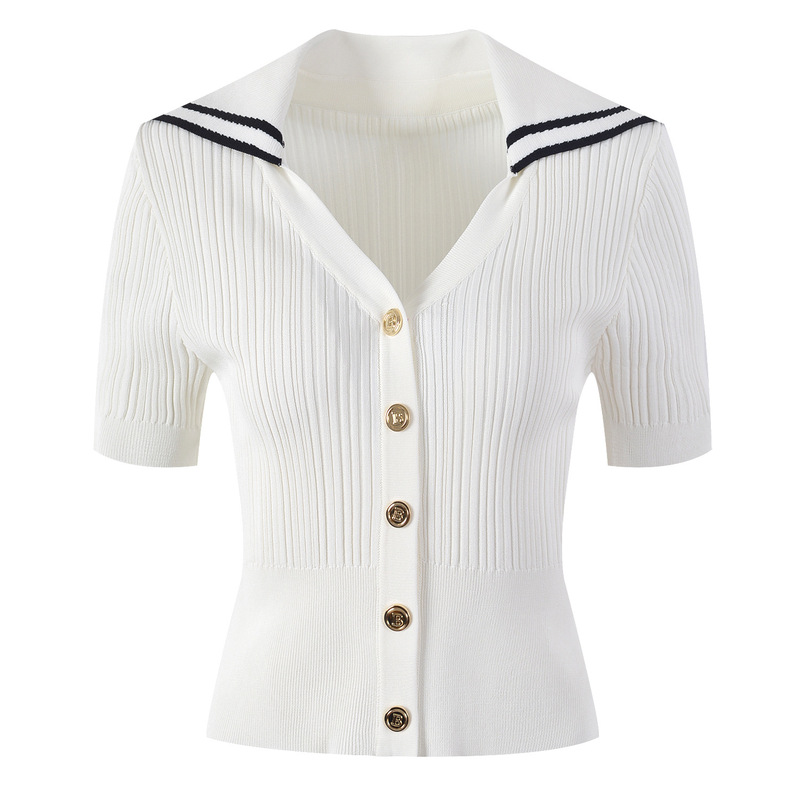 2026 New Style Navy Collar White Striped Short-Sleeve T-Shirt for Women, Designer Ice Silk Knit Top, Summer Women's T-Shirt 2026 New Style Navy Collar White Striped Short-Sleeve T-Shirt for Women, Designer Ice Silk Knit Top, Summer Women's T-Shirt