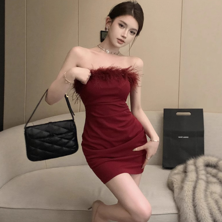 Ins Pure Desire Royal Sister Style One-Line Fur Collar Tube Top Slim Hip Skirt Sexy Sexy Hip Skirt Dress for Women