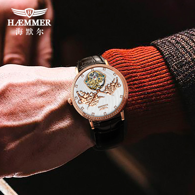Đồng hồ cơ nam tự động HAEMMER lộ máy Tourbillon dây da — Vỏ hồng mặt trắng da đen, Vỏ vàng mặt vàng da cà phê
