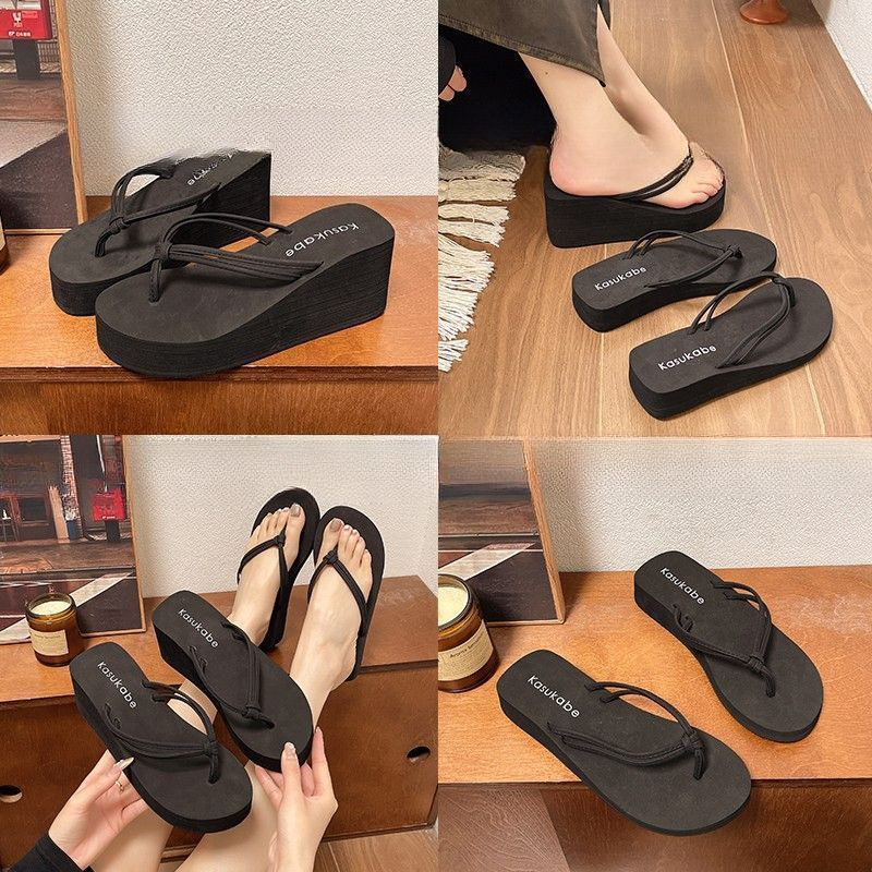 Thick-Soled Wedge-Heeled Double-Strap Mid-Heel Flip-Flops for Women, Flat-Soled Flip-Flops, Beach Slippers, Non-Slip Sandals Thick-Soled Wedge-Heeled Double-Strap Mid-Heel Flip-Flops for Women, Flat-Soled Flip-Flops, Beach Slippers, Non-Slip Sandals