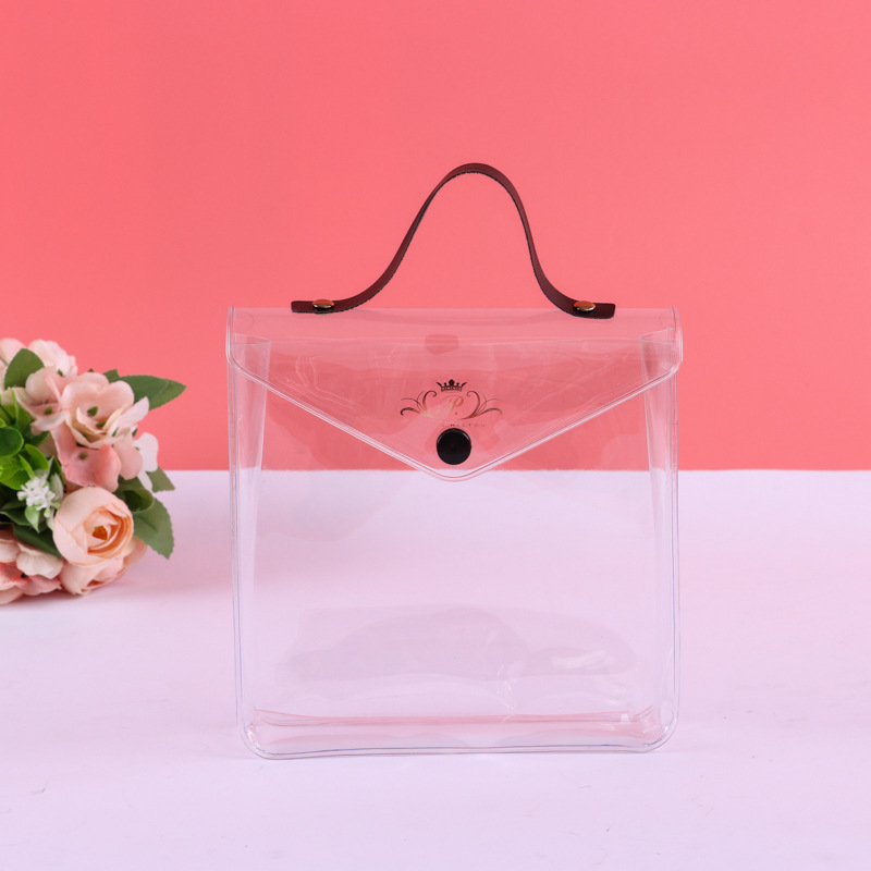 PVC透明按扣式手提包 手提收纳书包 纽扣防丢手提单肩收纳背包