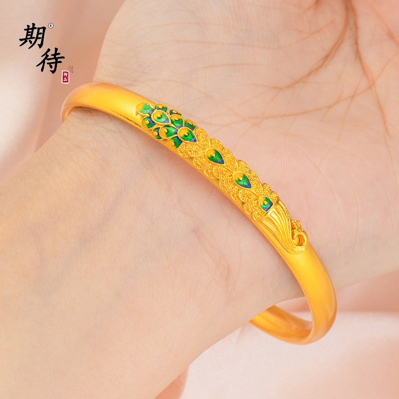 期待金店同款潮流时尚孔雀羽开口镯古法烧蓝久不掉色沙金孔雀手镯|undefined