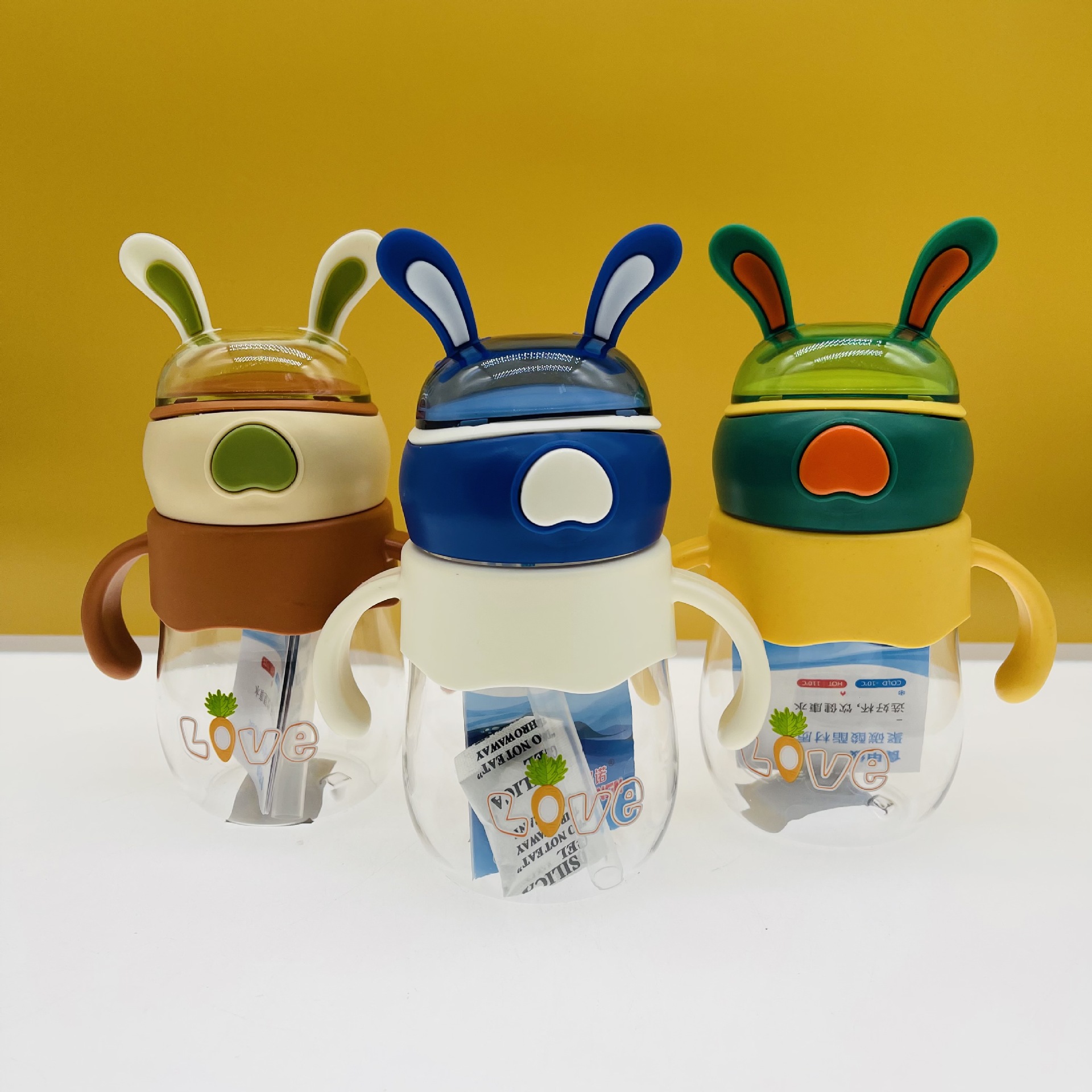 Tianyi nuevas orejas de conejo de silicona para niños taza de paja Correa Linda taza de agua kindergarten cuerda portátil taza de agua