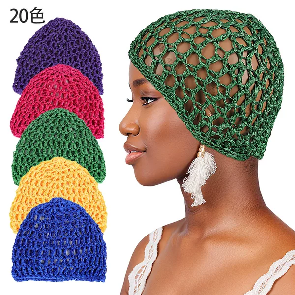 New adult hair cap, hollow-out head wrap cap, solid color knitted mesh cap, hair-tying fishnet headscarf cap, direct from the manufacturer