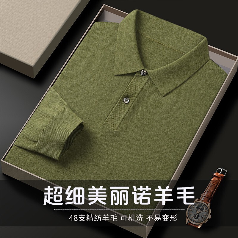 [48 Count Worsted] Superfine Merino Wool Polo Shirt for Men, Thin Long-Sleeved Boutique Woolen Sweater Top for Men