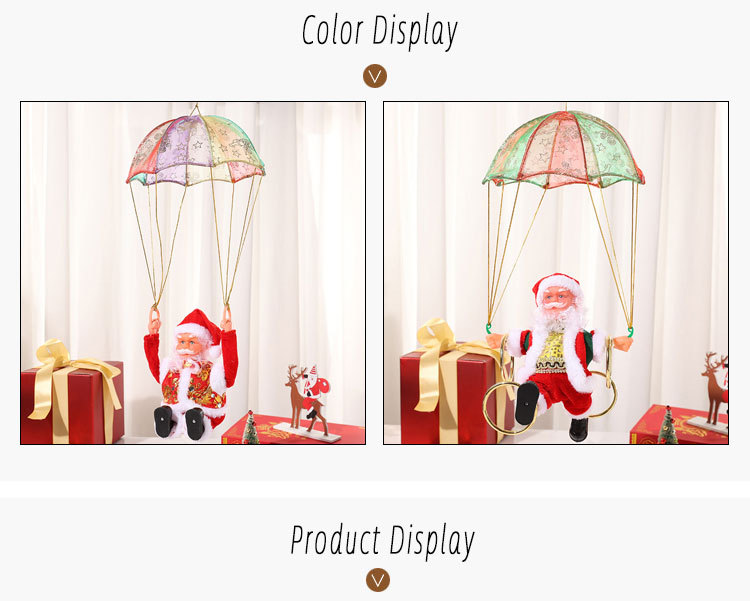 Decorazione natalizia creativa da appendere al soffitto con paracadute elettrico e musica di Babbo Natale, capriola e danza, regalo_voghion.com