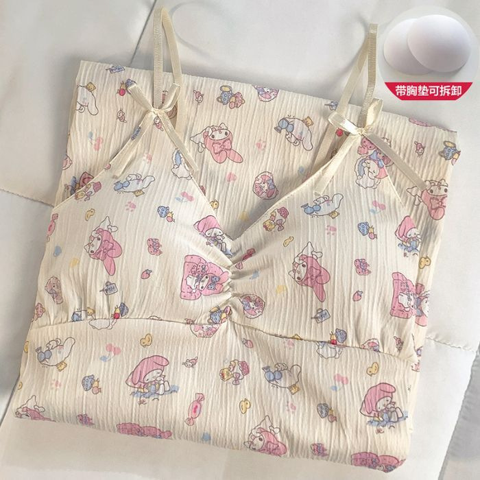 Pijama de verano giratorio desmontable con cojín de pecho dulce lindo vestido de algodón arrugado ropa para el hogar
